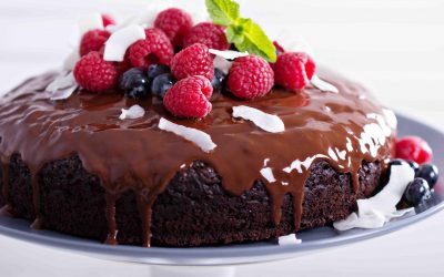 Vegan chocolate cake with berries and coconut on top
